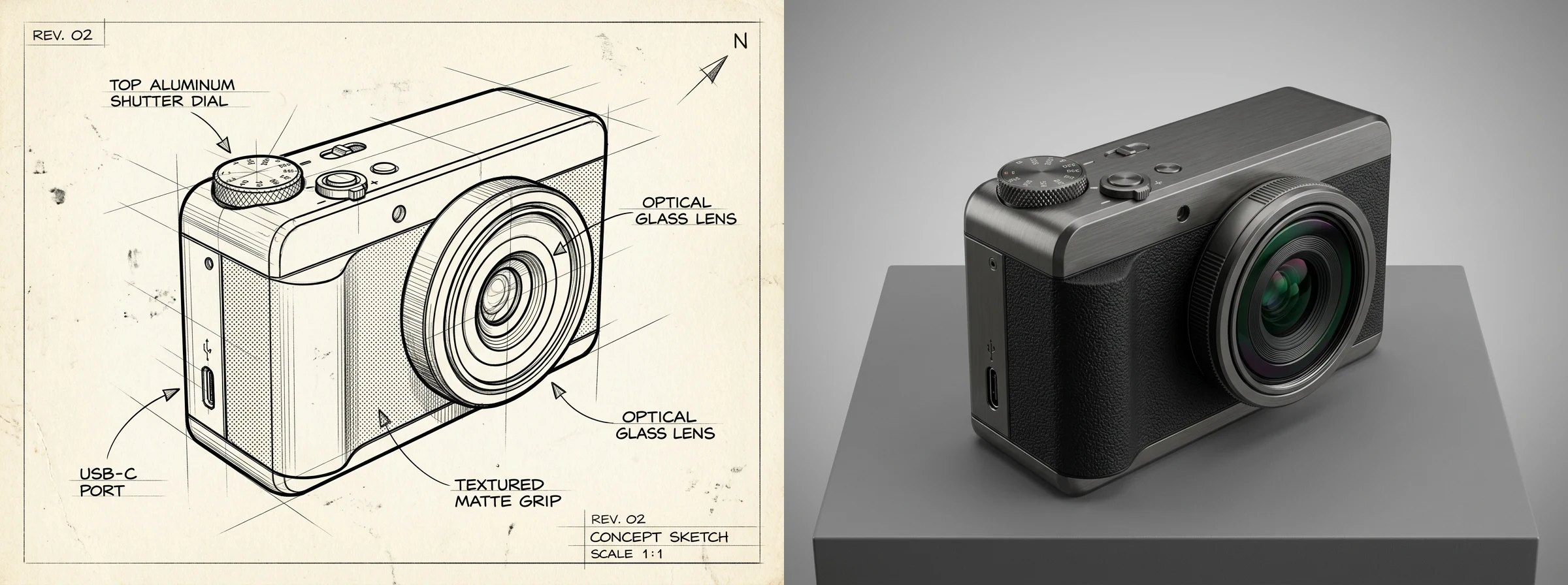 Side-by-side comparison of industrial design camera sketch and photorealistic AI product render