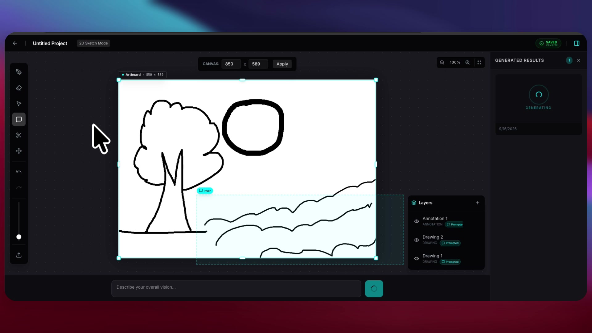 Draw3D 2D Sketch Canvas with Layer Instructions and Area Annotations