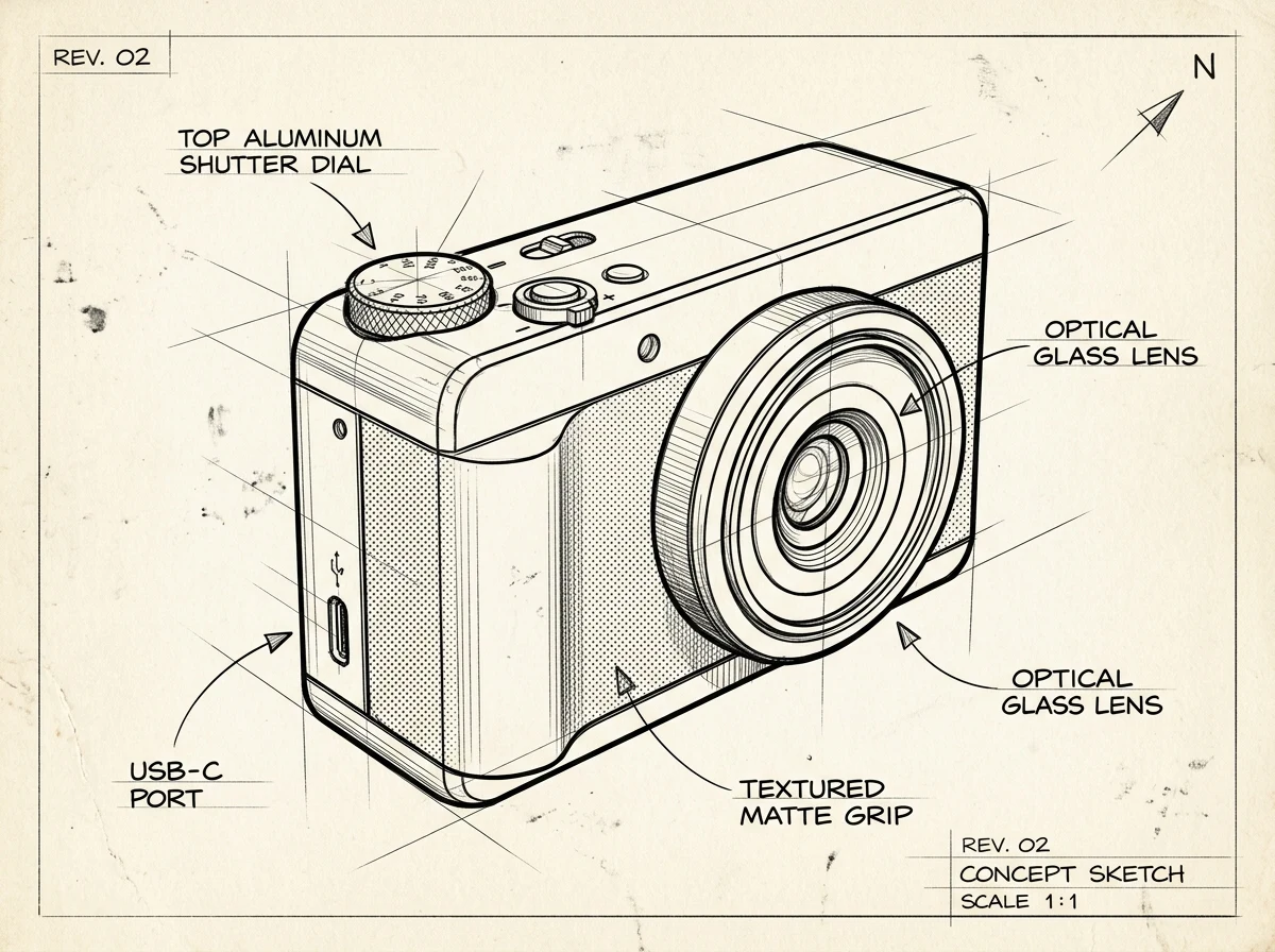 Industrial design concept sketch of a compact smart camera with material callouts