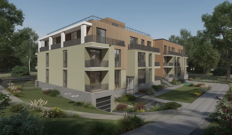 Виконай візуалізацію з додаванням помірного озеленення. Всі стіни світлі, оригінальної моделі зроби - декоративна штукатурка кольору ceresit Ceylon 3 (з оливковим відтінкком).  Всі стіни темного кольору оригінальної моделі зроби - декоративна штукатурка кольору ceresit ETNA 6.   Всі стіни білі оригинальної моделі - зроби у вигляді оздоблення з рекофого фасаду світлого дерева. Розподіл оздоблення стін по кольорах та їх площин, має відповідати оригінальній моделі. Віконні профілі: темно-сірий алюміній. Огорожа - метал пофарбований у колір близький до ETNA 6.