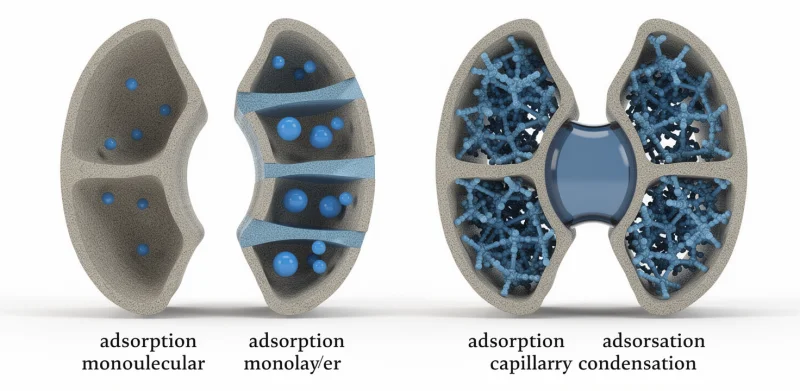 3D scientific diagram of porous material showing water adsorption and capillary condensation process.

Structure:
- Two large curved pore walls facing each other (solid material)
- Smooth gray or beige solid surface texture (earth material style)
- Small colored spheres representing water molecules attached to pore surface

Stages from left to right:
1. Monolayer adsorption: few blue water molecules attached to pore walls
2. Multilayer adsorption: multiple layers of water molecules (light blue spheres)
3. Capillary condensation: formation of liquid bridge between pores
4. Full pore filling: pore filled with dense water molecules

Style:
- Clean academic scientific visualization
- 3D depth and perspective
- High clarity, minimalistic background (white)
- Soft shadows and realistic lighting

Colors:
- Pore walls: light brown / gray (earth material)
- Water molecules: blue spheres
- Liquid bridge: darker blue transparent
- Background: white

Labels (optional):
- adsorption monomolecular
- adsorption polymolecular
- capillary condensation

Rendering:
- semi-realistic 3D illustration
- high resolution
- scientific publication style
, camera positioned front-right, pitched at 35° high-angle, rotated 45° around subject, medium shot, perspective projection, 38mm standard lens