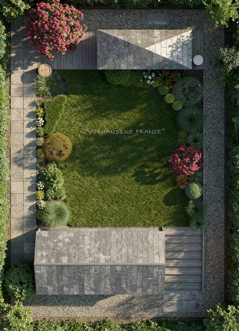 A top-down architectural garden design plan, hand-drawn watercolor and colored pencil over fine ink linework on white paper, in the style of a professional landscape designer's presentation drawing. Vertical portrait composition, aspect ratio 3:4. Soft watercolor washes with delicate pencil texture, loose painterly brushwork, visible paper grain. German handwritten all-caps labels in black ink with thin leader lines pointing to plants. White paper background, no digital effects.

**Layout:** A rectangular garden plot viewed from directly above. The upper portion contains a wooden garden shed (Hütte). The lower portion is a paved stone terrace with cellar stairs. The left edge is the sunny side (Sonnenseite) with a planting bed against a gravel strip along the fence. The right edge is the half-shade side (Halbschatten) with mostly existing shrubs. The center is open green lawn.

**Top of the plan — the shed:** A rectangular wooden shed in warm light-brown plank tones, taking up roughly the upper-right two-thirds of the plan, labeled "DIE HÜTTE" in handwritten caps inside it. Above the plan border, two text arrows point downward: "DIE SONNENSEITE" pointing into the left side, "DER HALBSCHATTEN" pointing into the right side.

**Just below the shed — the Azalea bed:** A long, gracefully curving planting bed begins at the bottom-left corner of the shed and sweeps downward and to the right, eventually merging into the right-side shade bed. The bed is filled with pink-flowering Azaleas rendered as a soft cloud of small pink blossom clusters over green foliage. Labeled "AZALEA" with the subtitle "VORHANDENE PFLANZE".

**Left side (Sonnenseite) — sunny planting bed running top to bottom along the left fence:**

- A narrow gravel strip (Kieselstein) of light beige-grey small pebbles runs along the inside of the left fence, labeled "KIESELSTEIN" at the top.
- Acer palmatum — small Japanese maple with feathery crimson-red foliage. Label: "ACER".
- A tight cluster of three culinary herbs side by side: Salbei (sage, silvery-green rounded mound), Rosmarin (rosemary, narrow upright dark green), Tymian (thyme, low spreading green). Labels stacked on the left margin: "DER SALBEI", "ROSMARIN", "TYMIAN".
- Malus / Apfelbaum — medium round apple tree with green leaves and small visible red apples. Label: "MALUS (APFEL)".
- Lavendel — a short row of lavender plants with purple flower spikes and silvery-green foliage. Label: "LAVENDEL".
- Photinia × fraseri — rounded shrub with bronze-red new growth tipping dark green foliage. Label: "PHOTINIA SER.".
- Corner specimen — the southernmost plant of the sun-side bed, sitting **above** the terrace as a solitary specimen. One of three options to choose at planting time: Thuja occidentalis (columnar deep-green evergreen), Taxus baccata (rounded dark-green yew), or Nandina domestica (delicate compound foliage with red winter berries). Marked with a small star symbol indicating specimen status. Label stack on the left margin reads vertically: "THUJA OCC. / ODER / TAXUS BAC. / ODER / NANDINA DOMESTICA".

The corner specimen sits **above** the terrace as the bottom plant of the sun-side bed — never beside the terrace. The terrace itself reaches the left fence directly: there must be **no plants in the gap between the left fence and the left edge of the terrace**, because there is no gap.

**Right side (Halbschatten) — half-shade planting bed running top to bottom:**

- Black-grey decorative pebbles (Kieselstein schwarz-grau) cover the ground between plants.
- Thuja occidentalis — narrow columnar evergreen in deep green, marked with a small star symbol indicating specimen. Label: "THUJA OCC.".
- White Rhododendron — rounded shrub with clusters of white blossoms. Label: "RHODODENDRON WEISS".
- Cupressus leylandii (existing) — **one** tall narrow conifer, a single plant only. Label: "VORHANDENE PFLANZE CUPR. LEYLANDII". This appears exactly **once**.
- Hydrangea cluster (upper) — small group of hydrangea shrubs with blue and pink mophead flowers, positioned **above** the right-side Acer. Label: "HYDRANGEA".
- Acer palmatum (specimen) — medium Japanese maple with crimson-red foliage, marked with a small star symbol. Label: "ACER".
- Hydrangea cluster (lower) — second group of hydrangea shrubs, positioned **below** the right-side Acer. Label: "HYDRANGEA".
- Taxus baccata (existing) — rounded dark-green yew shrub. Label: "VORHANDENE PFLANZE TAXUS BAC.".
- One additional unspecified existing plant — rounded green shrub. Label: "VORHANDENE PFLANZE".

The shade-side bed must contain exactly **two** hydrangea clusters (one above, one below the Acer), exactly **one** Cupressus leylandii, and exactly **two** existing-plant labels at the bottom-right (Taxus baccata plus one unspecified).

**Bottom of the plan — terrace and stairs:**

The paved terrace (Die Terrasse) is rendered in light beige natural flagstones with an irregular jointing pattern. The terrace **extends fully to the left fence** — its left edge touches the left boundary directly with no gap and no plants between fence and terrace. Label: "DIE TERRASSE" in caps, centered on the main open part of the terrace.

The cellar stairs (Die Treppe) are a **linear vertical rectangle** — clearly taller than wide — positioned on the right portion of the terrace. The long axis runs north-south so the stair flight is **oriented to face the hut** at the top of the plan. Visible horizontal stair treads cross the rectangle as parallel lines. A person descending these stairs walks toward the hut. Label: "DIE TREPPE" with a small arrow pointing to the stairs from below.

**Color and rendering notes:** Loose painterly watercolor washes over delicate pencil under-drawing. Crimson reds for the two Acer trees and Photinia tips. Various greens — silvery-green for the herbs and lavender foliage, deep blue-green for the conifers (Thuja, Cupressus, Taxus), fresh light green for the lawn. Lavender purple. Soft pink for Azaleas and accent pink in the Hydrangeas. White Rhododendron blooms. Warm earth tones for the shed, terrace pavers, and gravel. Plenty of white paper showing through. No gradients, no glow, no 3D rendering, no perspective — strictly top-down plan view.

---

## Negative prompt (for tools that support it)

duplicate Cupressus leylandii, two cypresses, three "vorhandene pflanze" labels at bottom right, two stacked plants between fence and terrace at bottom-left, plants in the gap between left fence and left edge of terrace, missing corner specimen at bottom of sun-side bed, horizontal stairs jutting below terrace, stairs perpendicular to hut, extra columnar tree between herbs and apple tree, fence post in middle of left bed, missing Hydrangea cluster, only one hydrangea cluster, gap between terrace and left fence, photorealistic rendering, 3D, isometric, perspective view, watermark, signature, AI artifacts, blurry text

---

## Correction checklist vs. previous render

| What the previous render got wrong | What this prompt fixes |
|---|---|
| Cupressus leylandii labeled twice | Exactly one Cupressus leylandii |
| Only one Hydrangea cluster on the right | Two clusters — one above, one below the right-side Acer |
| Three "Vorhandene Pflanze" labels at bottom-right | Exactly two: Taxus baccata and one unspecified |
| Two duplicate plants stacked between fence and terrace at bottom-left | Single corner specimen above the terrace; terrace touches the fence directly |
| Stairs drawn horizontal, jutting below terrace | Vertical linear rectangle, oriented to face the hut |
| Terrace stops short of the left fence | Terrace extends fully to the left fence |
| Extra columnar element between herbs and apple tree | Clean transition, nothing extra |
| Azalea bed shown as a straight contained band | Curved bed sweeping from below the shed |

---

## Tool-specific tweaks

**Midjourney v6+:** Append `--ar 3:4 --style raw --stylize 100`. Convert the negative prompt to `--no duplicate cypress, perspective view, 3D rendering, stacked plants between fence and terrace, horizontal stairs`.

**DALL-E 3 / GPT-Image / Imagen 3+:** Paste the Ready-to-use prompt verbatim. These models follow long detailed prompts well. If output drifts, regenerate with the correction checklist appended at the end as a list of explicit "must" statements.

**Stable Diffusion / Flux:** Shorten the natural-language prompt to focus on style keywords + the layout overview paragraph. Put the full plant list and the negative prompt in their respective fields. Consider using ControlNet with the original sketch as a structural guide.

**Image-edit tools (Nano Banana, Gemini image edit, ChatGPT image-edit):** Attach the original hand-drawn sketch as the input image, and shorten the prompt to: *"Render this garden design sketch as a hand-drawn watercolor and colored pencil illustration on white paper, German handwritten labels preserved, applying these corrections to the layout: [paste the 8-row correction checklist]."* This gives you the layout fidelity of the sketch with the watercolor styling.

---

## Iteration tips

If the first generation still gets something wrong, regenerate with the specific correction emphasized at the start of the prompt. Models tend to weight earlier text more heavily. For example, if the second Hydrangea cluster keeps disappearing, lead with: *"A top-down watercolor garden plan featuring two distinct Hydrangea clusters bookending a central red Japanese maple on the right side of the garden..."* and continue with the rest of the prompt.

If labels come out garbled (common with most image generators), generate the illustration without text first, then add labels in a vector editor (Figma, Illustrator, Affinity Designer) afterward — this is the standard workflow for presentation-quality plans.