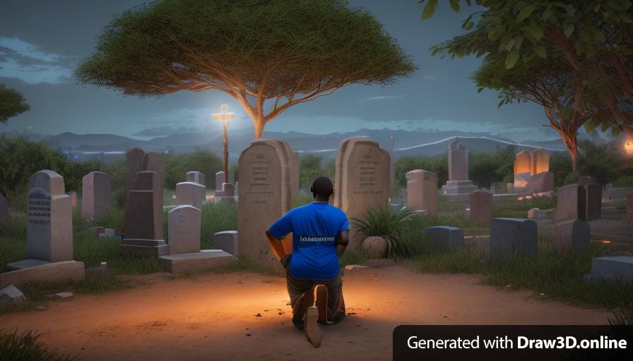 realistic unreal engine style  image at night an African man  wearing a blue shirt with, kneeling in front of two graves, tombstones in the background