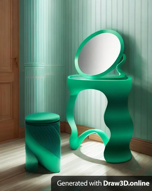 A primary blue wavy and tubular vanity with a green circular mirror and a snake wrapping around the vanity. A  green tubular stool is sitting near the vanity.