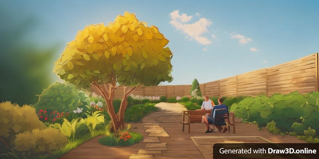 A garden: Surrounded by a wooden fence, the garden is planted with flowers and grass, and in the middle is a gravel path. Two people sit on a wooden platform to chat. Try to create rich, detailed, and realistic visuals.