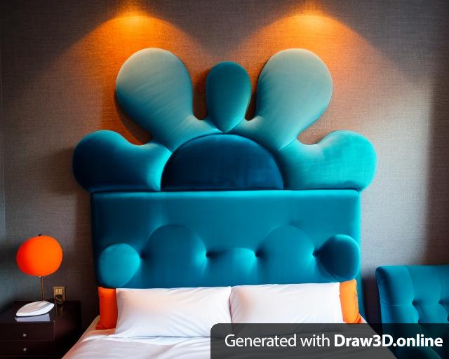 A velvet headboard with a blue top and orange circle.