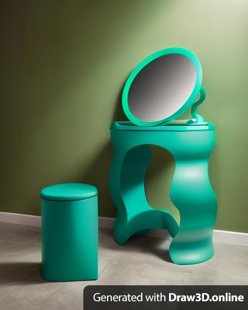 A primary blue and tubular vanity with a green circular mirror. A  green tubular stool is sitting near the vanity.