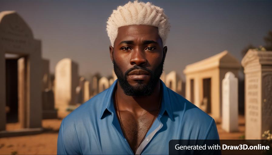 realistic unreal engine style, image of a African man with a beard and a very low cut , wearing a only blue shirt and kneeling down  looking very sad  at a cemetery on a dark night