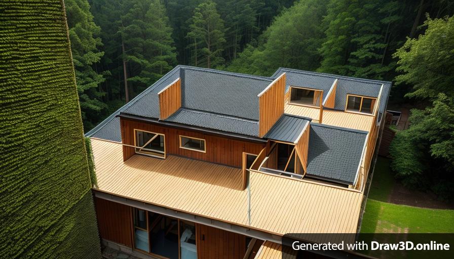 a house with a gable roof, built on the outside with bricks against the backdrop of a forest