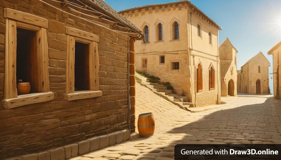 a photo of a medieval town street with buildings and a barrel, rudimentary stone streets, afternoon golden hour, clear blue sky, hyper-realistic photo