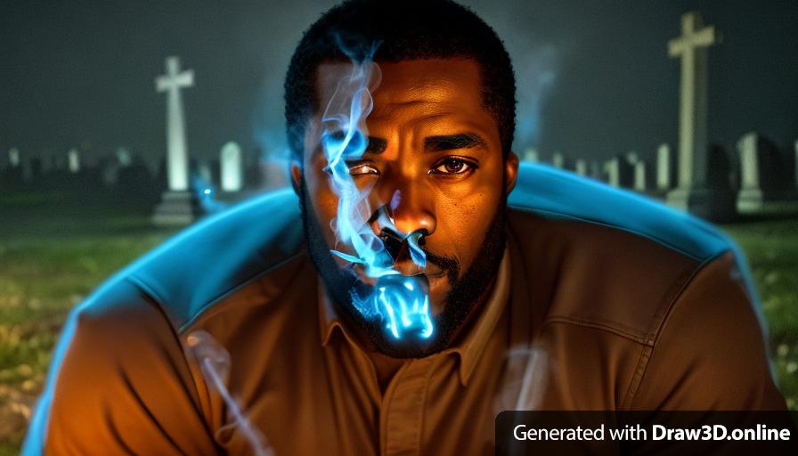 a realistic unreal engine style image close up  at night of a serious black man staring into the camera in a cemetery smoking a cigarette wearing only a blue shirt,  with lanterns on the floor a man smoking a cigarette