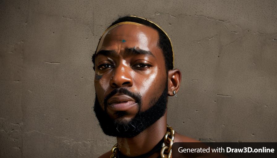 realistic unreal engine style, portrait  of a beat up African man with a beard and a chain around his neck