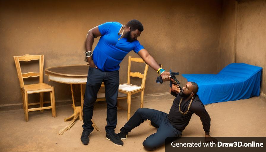 a realistic image an African man with a beard wearing a blue shirt, pointing a gun at another African man with BLONDE hair, who is on the floor, begging for his life.