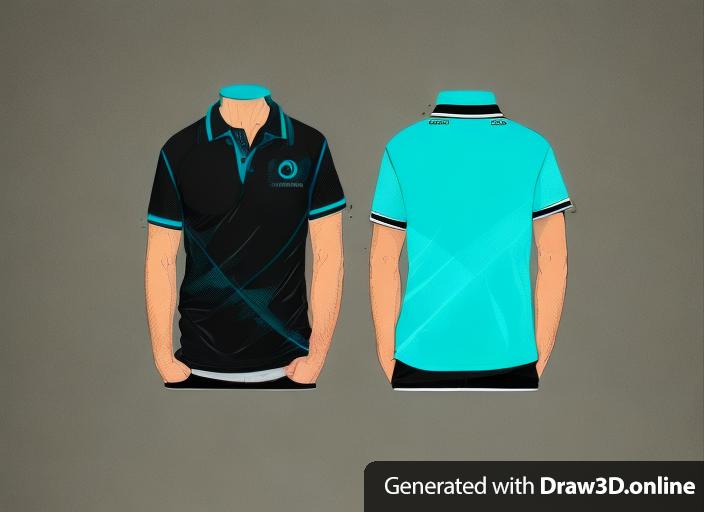 a student torso wearing a black and turquoise and white polo shirt with a logo, keep the original colors and shirt design as the sketch, Collar should be black with turquoise accents (stripes), the hem of the sleeves is with turquoise accents , buttons on the collar should be turquoise as well