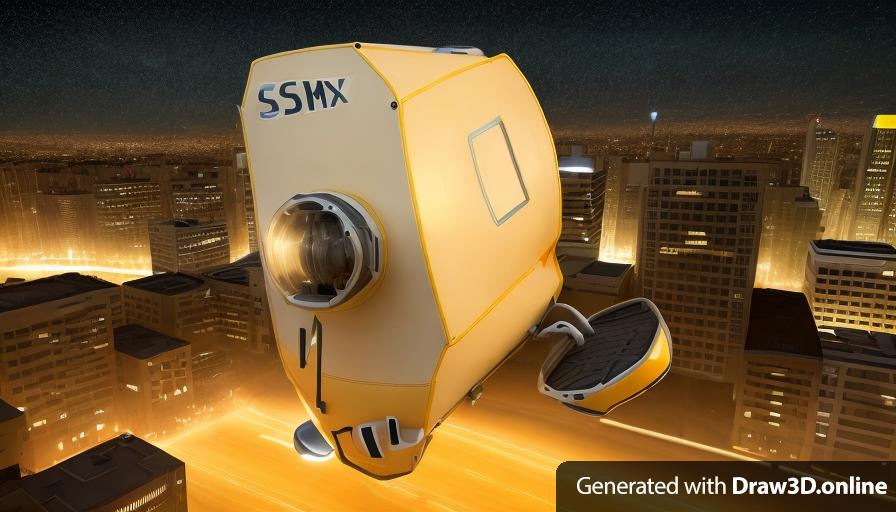 human sized cream coloured drone, with a camera lens and two propellers in the bottom, the drone is shaped like a computer box, with lots of drives that can pop out, on the front there's a logo to the SSMX, a mexican security office. There's a city at night in the background, photorealistic, not like a sketch, 3d rendered, blade runner like texture