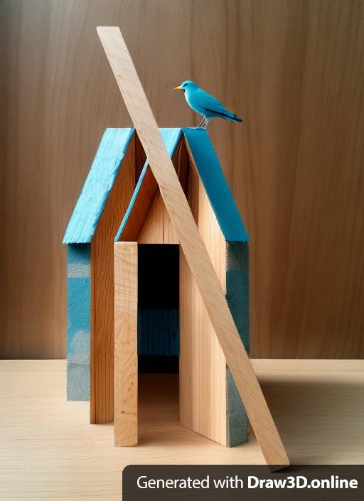 make drawing a this a realistic building made out of natural materials, wood, grass, in a blue background