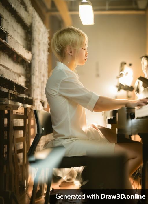 photograph of a passionate chinese singaporean pianist side profile with blonde hair, immaculate dimly lit studio, clutching pages, subtle details, worn-out corners of sweat