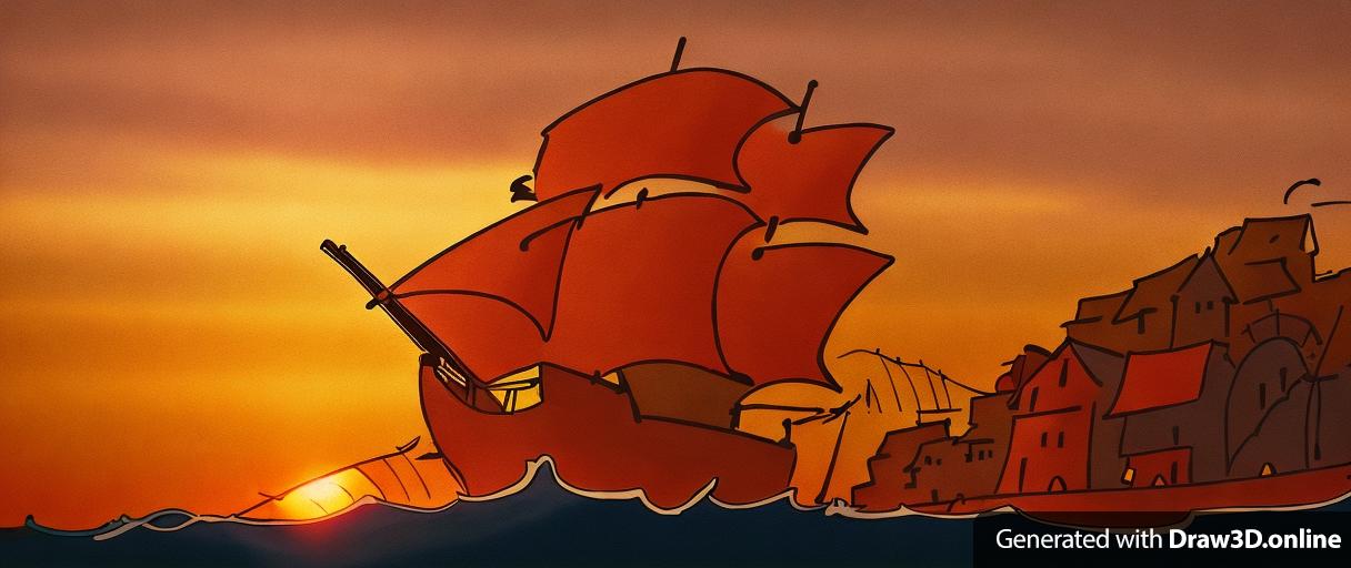 comics styled  picture, As the sun sets on the horizon, a majestic pirate ship sails away from the bustling harbor, its sails billowing in the wind and its cannons ready for adventure.