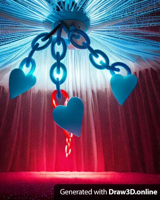 Chandelier made of clear blue acrylic chains and red hearts.