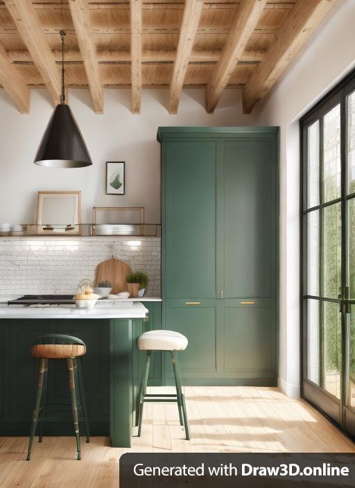 High-end kitchen, more light, Brick floor, p;aster walls dark green cabinets, luxury, british, glazed exterior doors on right-hand side with view to garden covering whole wall, cream walls, stools with wood legs, marble worktop and back splash