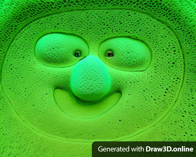 A green sponge in the desert with holes that make up a smiling face