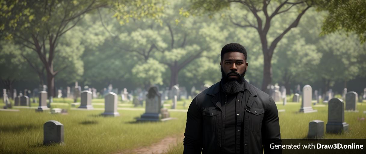 realistic unreal engine style image one black man in dressed in black with a beard standing in a cemetery very sad