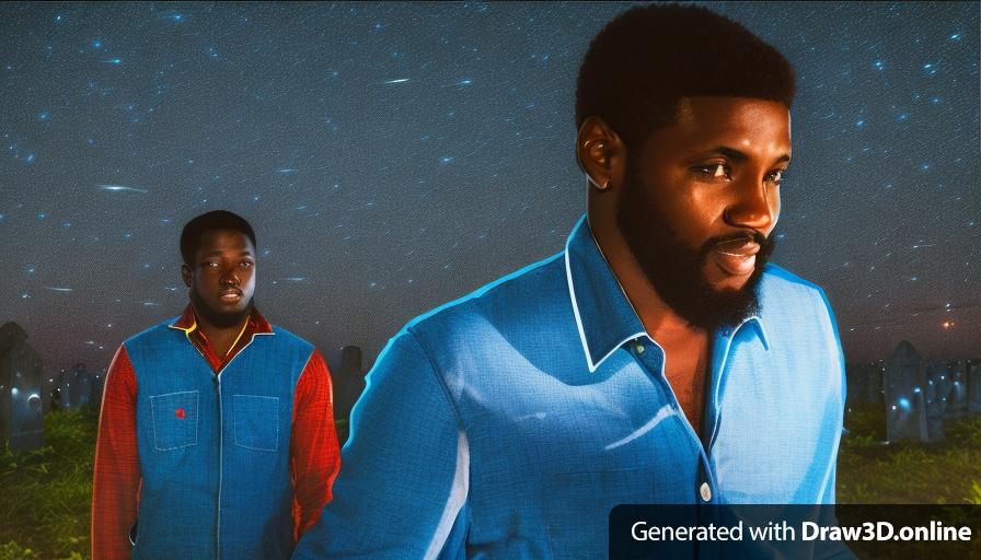 two African men wearing blue shirts standing next to each other 
one African man is wearing overalls
at a cemetery
at night