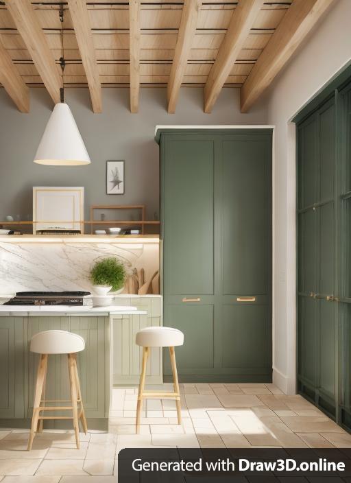 High-end kitchen, more light, Brick floor, p;aster walls dark green cabinets, luxury, british, glazed exterior doors on right-hand side with view to garden covering whole wall, cream walls, matching stools with wood legs, marble worktop and back splash