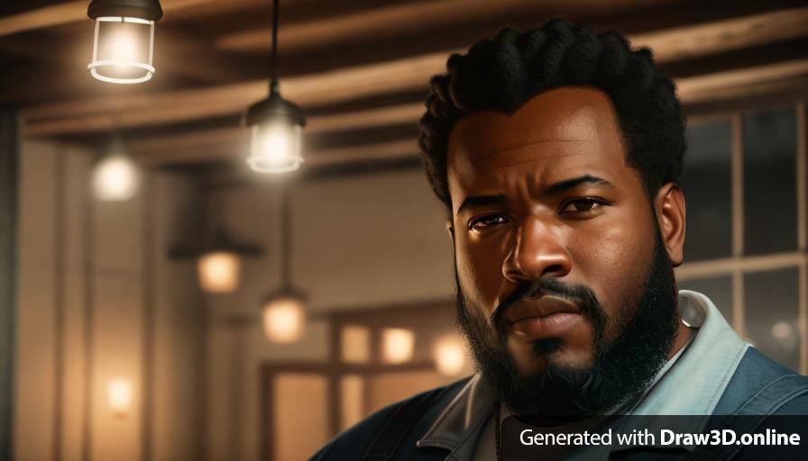 realistic unreal engine  style, image at night  of a black  man with a beard and a clean cut, wearing blue overalls looking sad , graves in the back ground , and lanterns on the floor for lighting