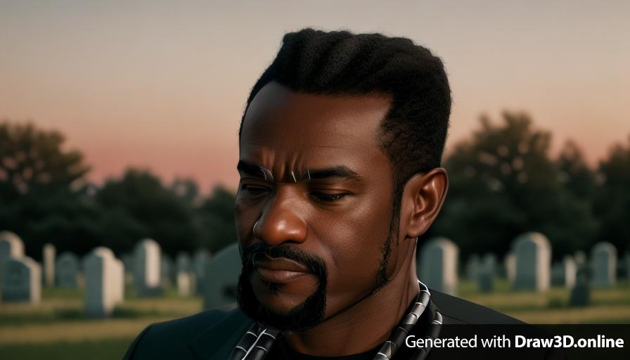 realistic unreal engine style, image of a 58 year old black man with a grey small goatee , dressed in black , at a funeral 
open field  exterior cemetery in the background 
with a red necklace