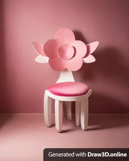 A pink velvet chair, with the velvet backrest resembling a five petal pink flower with the center cut out, and velvet legs.