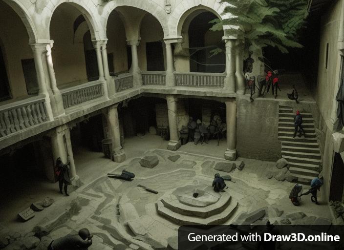 Dark comic book style scene of this courtyard filled with men fighting. Comic book action scene dark noire vibes