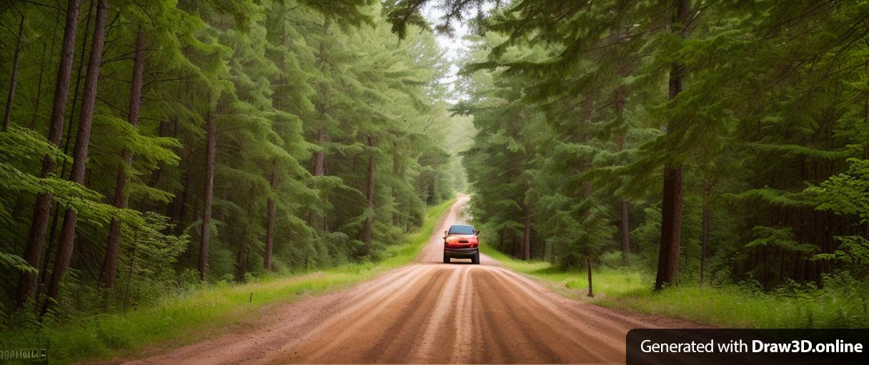 a car driving down a dirt road in the woods