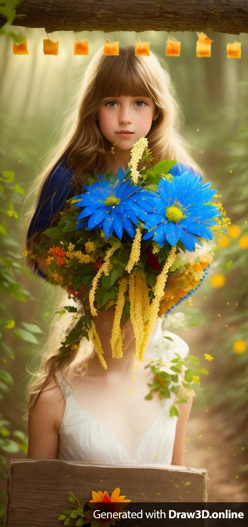 Put the flower from that in the hands a young French girl full color.  Gold, red, and blue flower from left to right. The new result should have the same textures of the uploaded image.  Only one girl in a forest of flowers.  Girl with sandy light blond hair.  A single girl in the rendering.