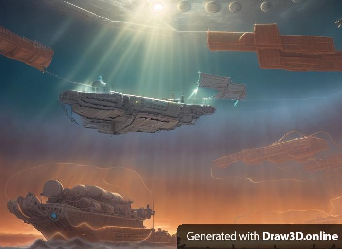 Fantasy art image of a spacecraft covertly docked to the underside of a floating barge