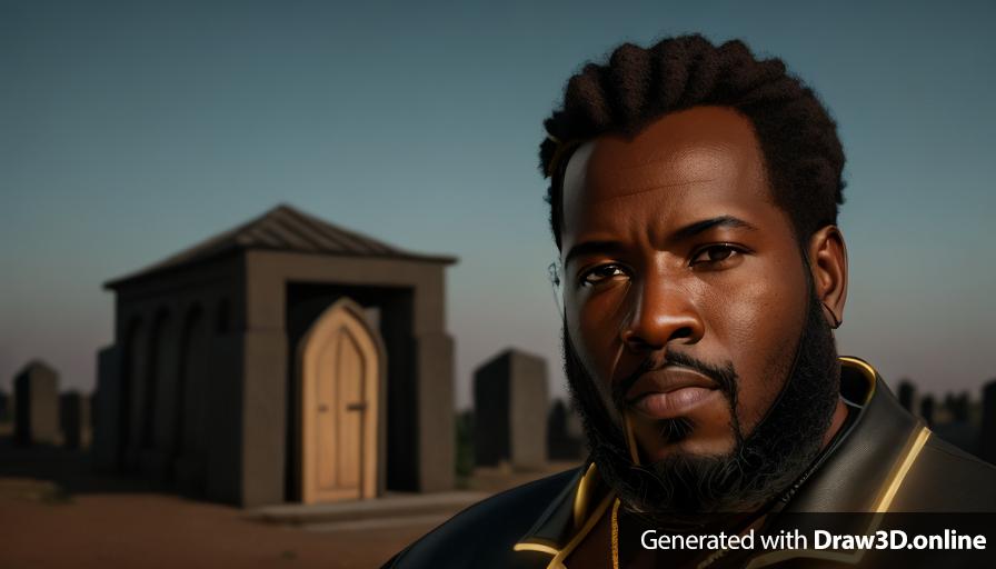 realistic unreal engine style image of an African man with a beard  at night cemetery in his
 background