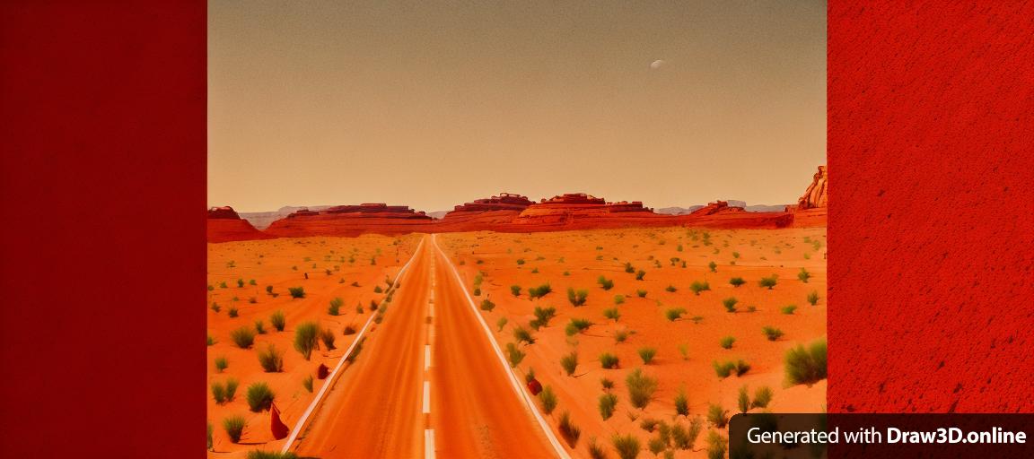 A road reaching into the distance in Australian desert with red outback dust and wildflowers.