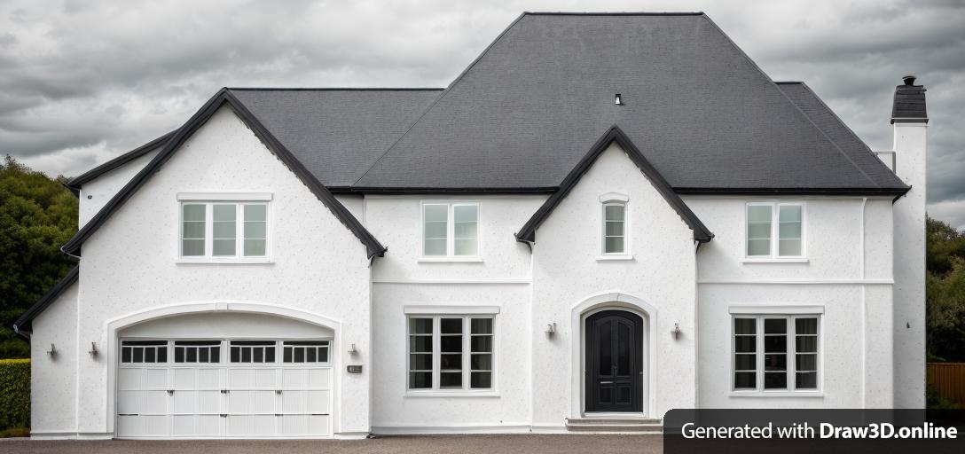 White stucco house. Black slate roof. White garage door.