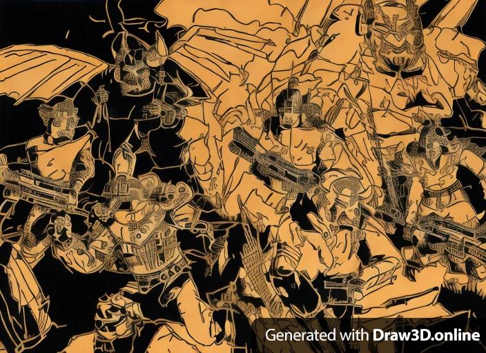 Kings running away from attacking devils, two Bulrogs, and two space warriors with gattling guns. In Japanese block print style