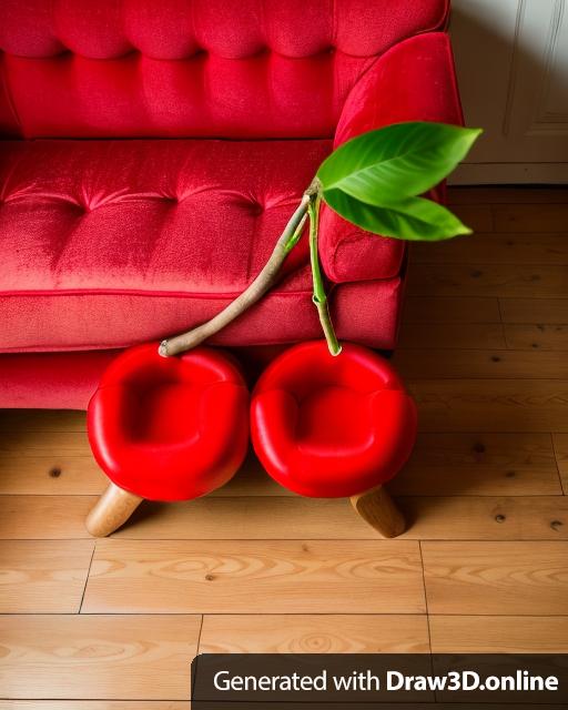 A velvet red couch that resembles a cherry with short wooden legs. The fruit of the cherry is the sitting area and has the cushions.