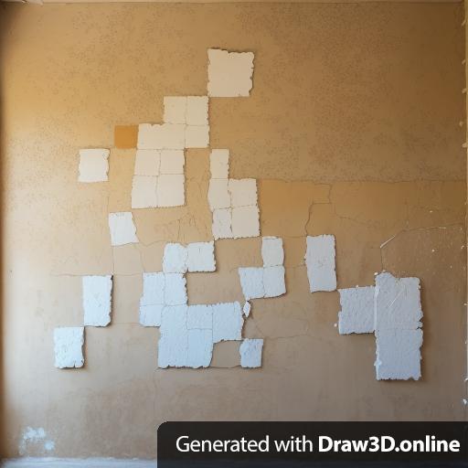 The painting is cracking, and chipping, and peeling and deteriorated with dust debris painted on a deteriorated wall of plaster that is also cracking and chipping