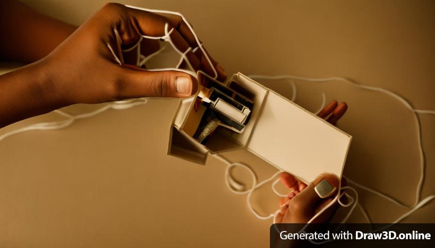 two African hands only holding a white box of cigarettes
at night  lantern on floor