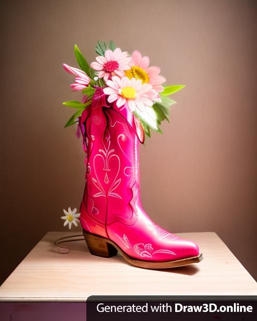 A lamp that is a red cowgirl boot with a pink sole and pink flowers sticking out of the cowgirl boot. The lamp is sitting on a white end table.