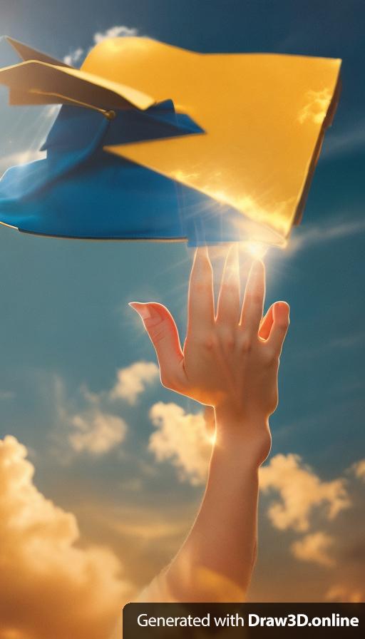 a girl's hand throwing a graduation cap in intensive gold lighting. The background is the sky with clouds.