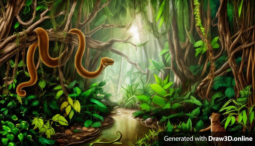 a photo of a jungle scene with a snake, comic style