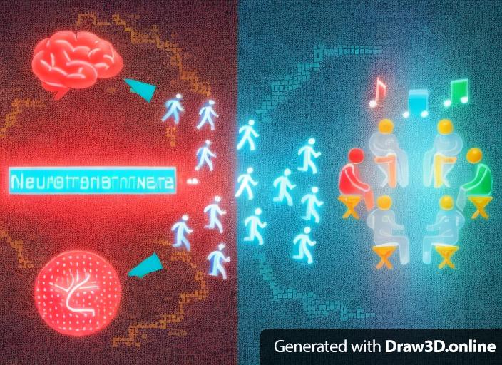 The image appears to illustrate how neurotransmitters work in the human brain. On the left, we see a representation of the brain, with a speech bubble that features a megaphone, which seems to symbolize the transmission of signals. From there, two groups of figures represent neurotransmitter molecules: one group is red and the other is blue, possibly indicating different types of neurotransmitters. These figures are moving towards the right side of the image, where we see groups of what appear to be recipients of the neurotransmitter signals. The recipients are engaged in different activities: some are dancing to music notes, indicating a response to the signals that could represent a positive emotional or physical reaction, while others are sitting down having a conversation, perhaps signifying a calming or communicative effect of the neurotransmitter. Below the brain, we see a band-aid and a megaphone, which could imply the idea of repairing or emphasizing communication within the brain.