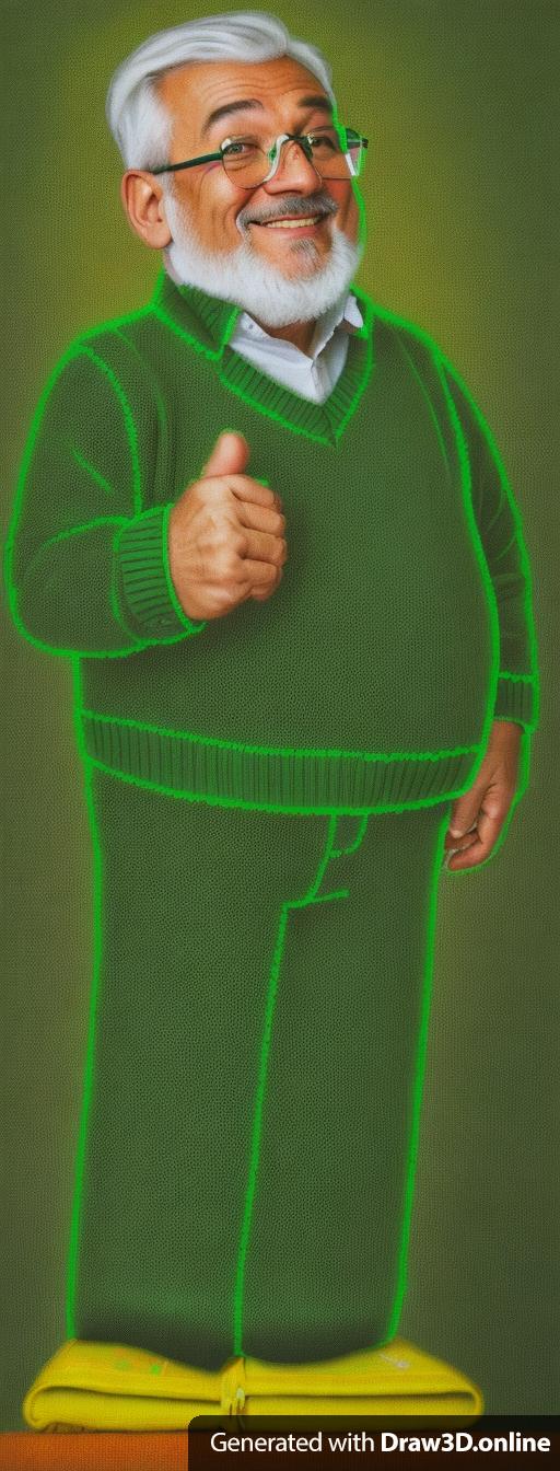 A 3D middle-aged man with glasses and a green sweater, bright environment.