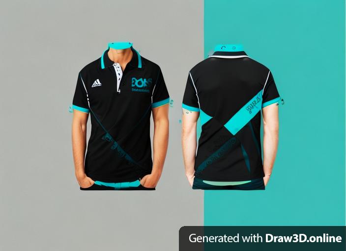 a student torso wearing a three color polo shirt black white and turquoise ,with a logo, the shirt is black on the top and has turquoise and white crossed over in the front and the back  Collar should be black with turquoise accents (stripes), the hem of the sleeves is with turquoise accents , buttons on the collar should be turquoise as well