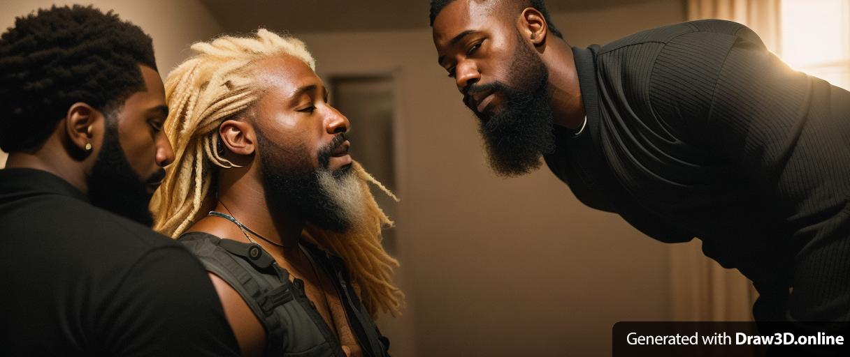 realistic unreal engine image of  a black man with blonde hair and a beard is talking to another black man with a beard in a dark room