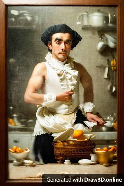 Portrait of a man of the 18th century, a white cook wearing a period white wig ending in a bow, a tight-fitting jacket with frills on the front and wrists portrayed in a kitchen